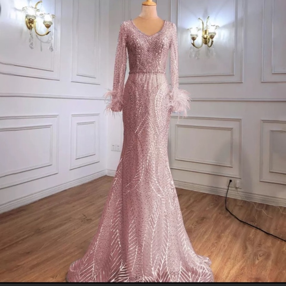 Long maxi pink dress with feather sleeves new only worn once